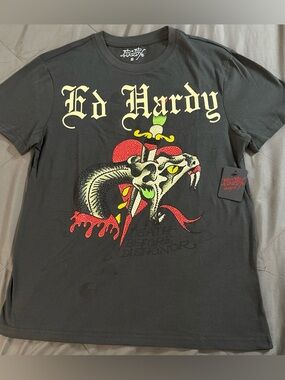Ed Hardy men shirt size S with Red  & Yellow rhinestone Snake Dagger Design NWT
